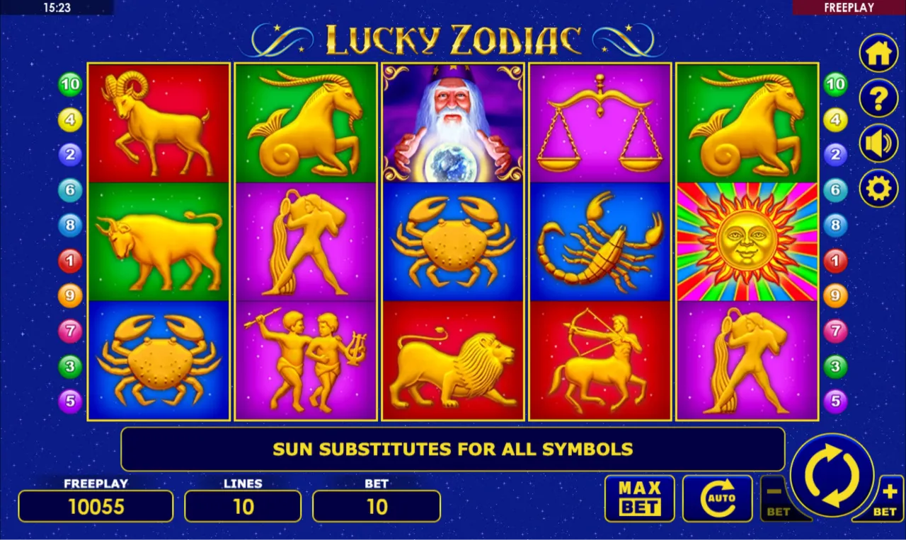 Lucky Zodiac five-reel grid with zodiac and Sun symbols, bet 10 and a 10,055 credit balance