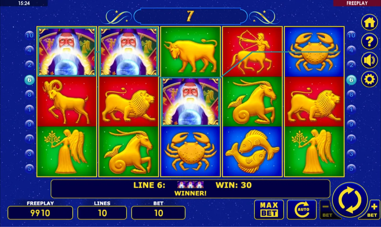 Three bearded wizard-with-globe symbols across a payline showing a 30 win
