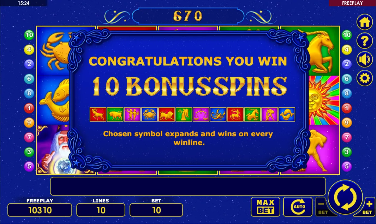 Three Sun symbols on the reels beside a message awarding 10 Bonusspins