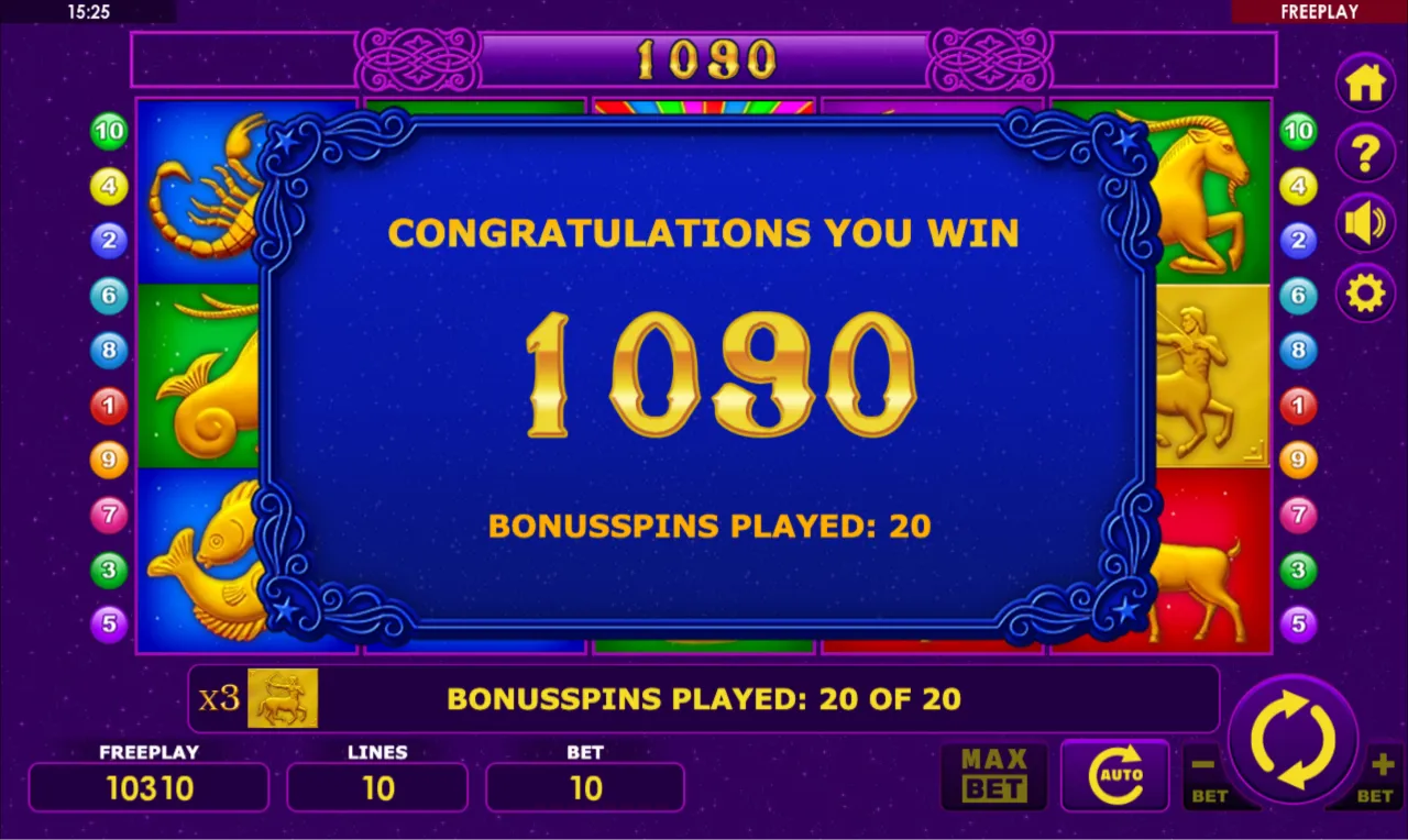 Bonusspins result screen reading 1,090 after 20 spins played