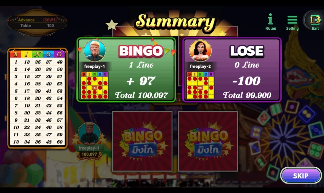 Summary screen showing bottom card BINGO 1 Line plus 97 and top card LOSE 0 Lines minus 100
