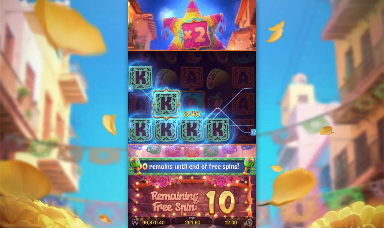 Piñata holding ×2 with ten spins left, round total 261.60