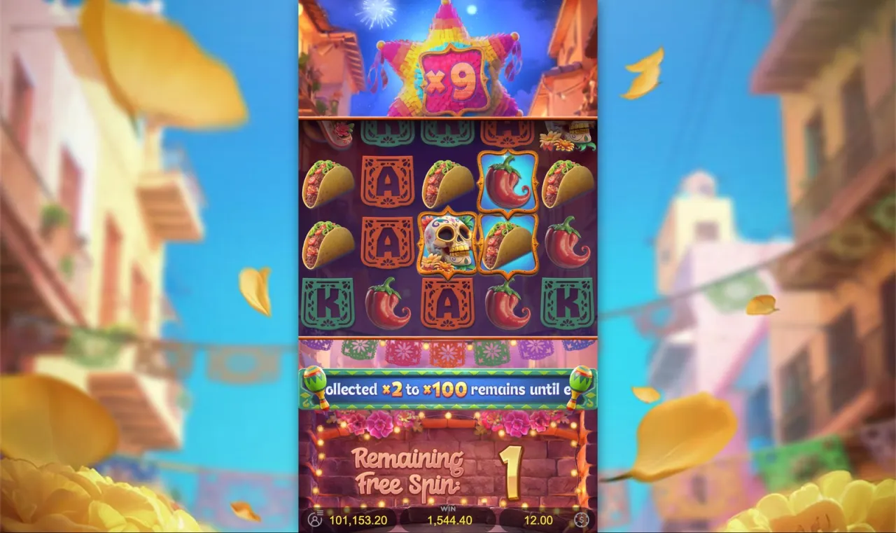 Piñata at ×9 with one spin left, round total 1,544.40