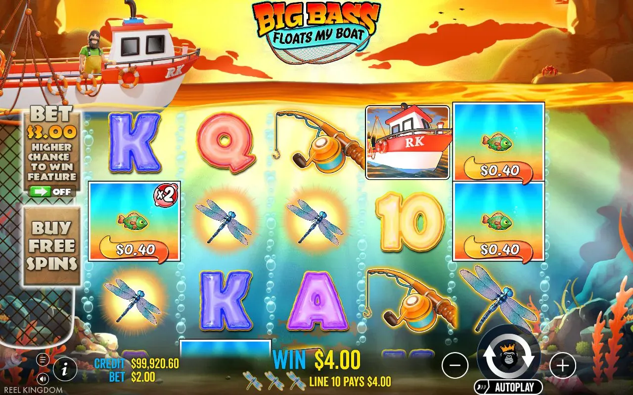 Line of 10s and a money fish with an x2 tag showing a two-times-stake win