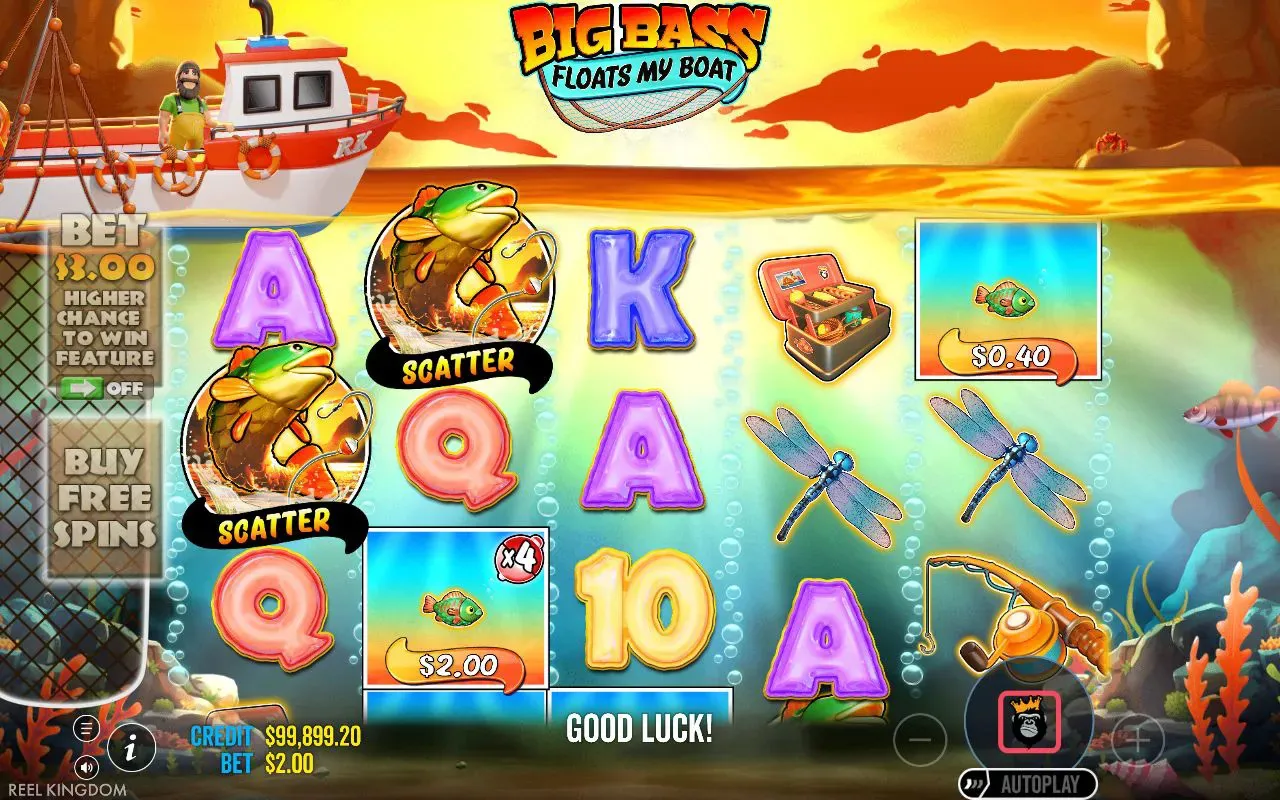 Three golden bass scatters across the reels with a GOOD LUCK banner