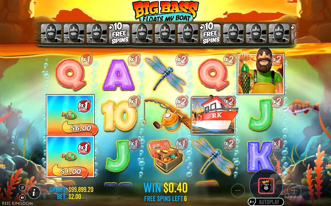 Bearded fisherman wild on the right reel with money fish on screen and a +10 retrigger banner above