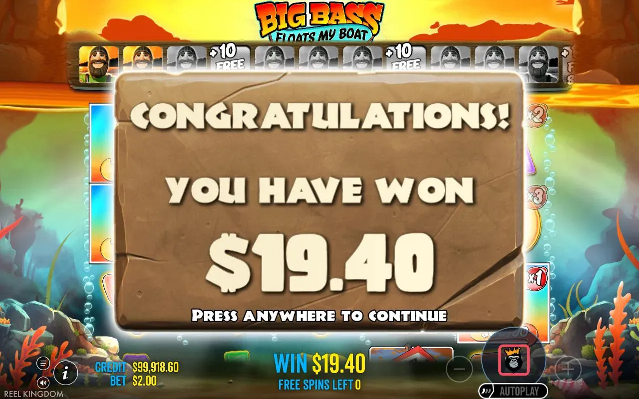 CONGRATULATIONS screen with a 19.40 free spins total