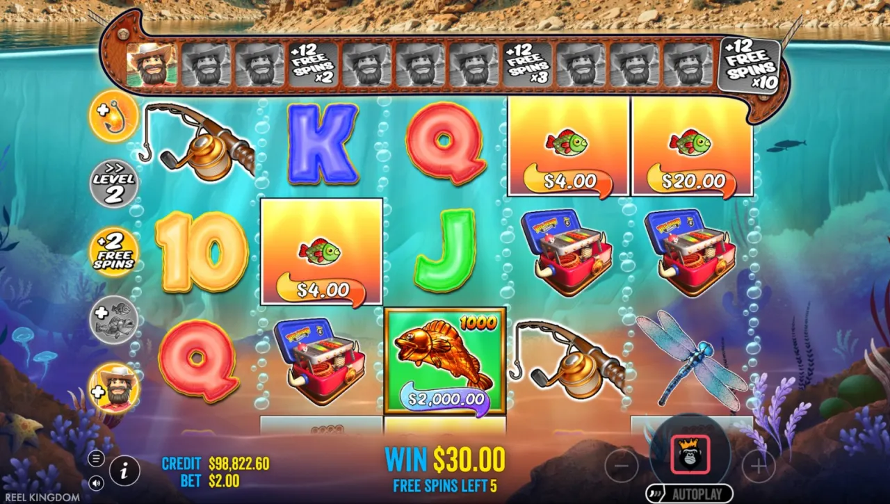 The golden 1,000x fish on the reels reading $2,000.00, five spins left