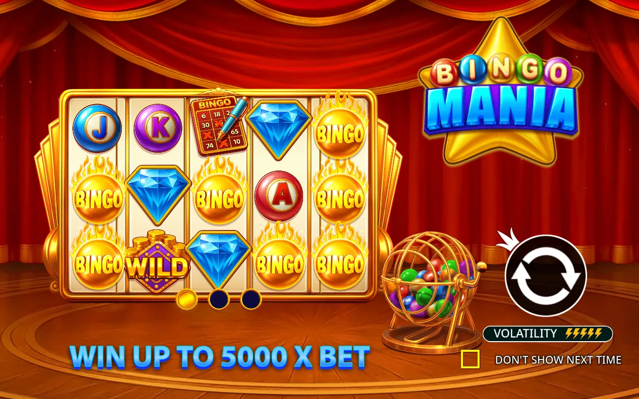 Bingo Mania splash screen showing the five-of-five volatility rating and a 5,000x top win