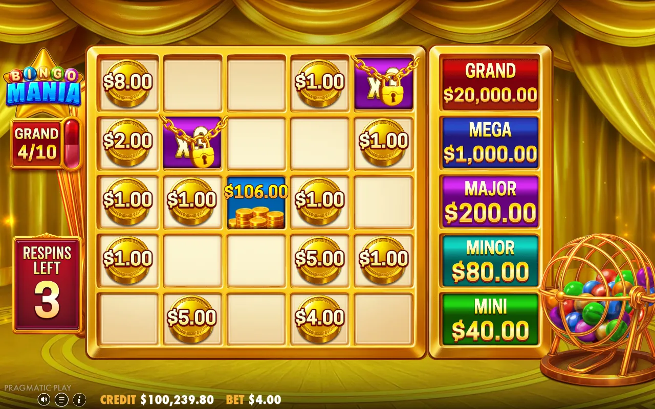 Money-collect board filling with coin values and two key-padlock collectors, GRAND tracker at four of ten