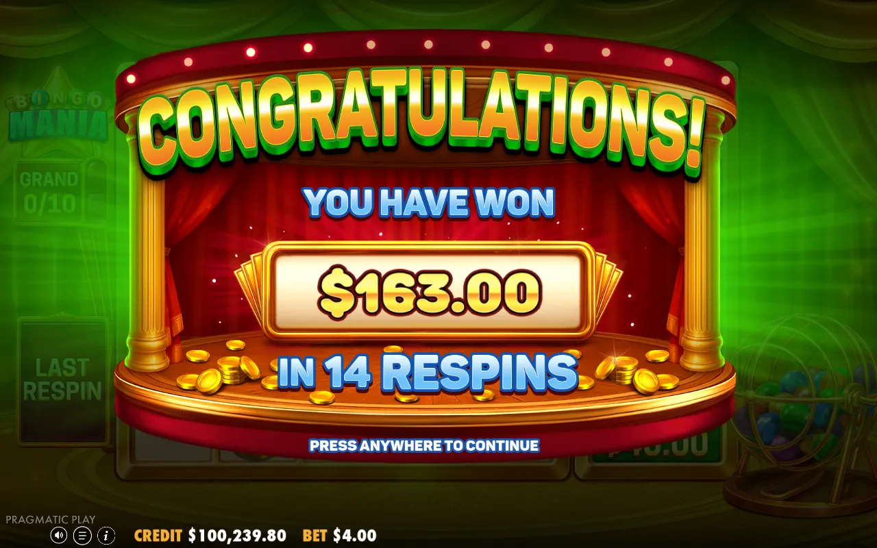 Bingo Bonus pay-out screen reading 163 across fourteen respins