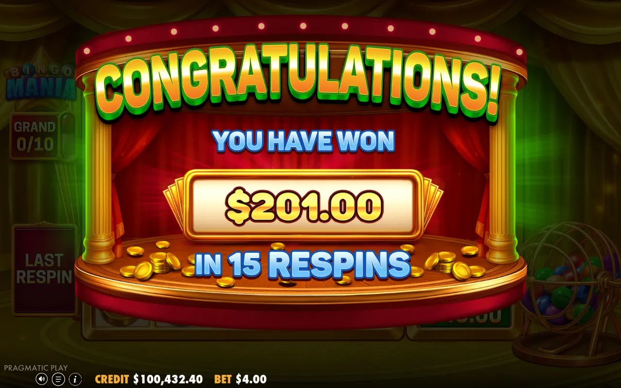 A second Bingo Bonus closing on 201 across fifteen respins