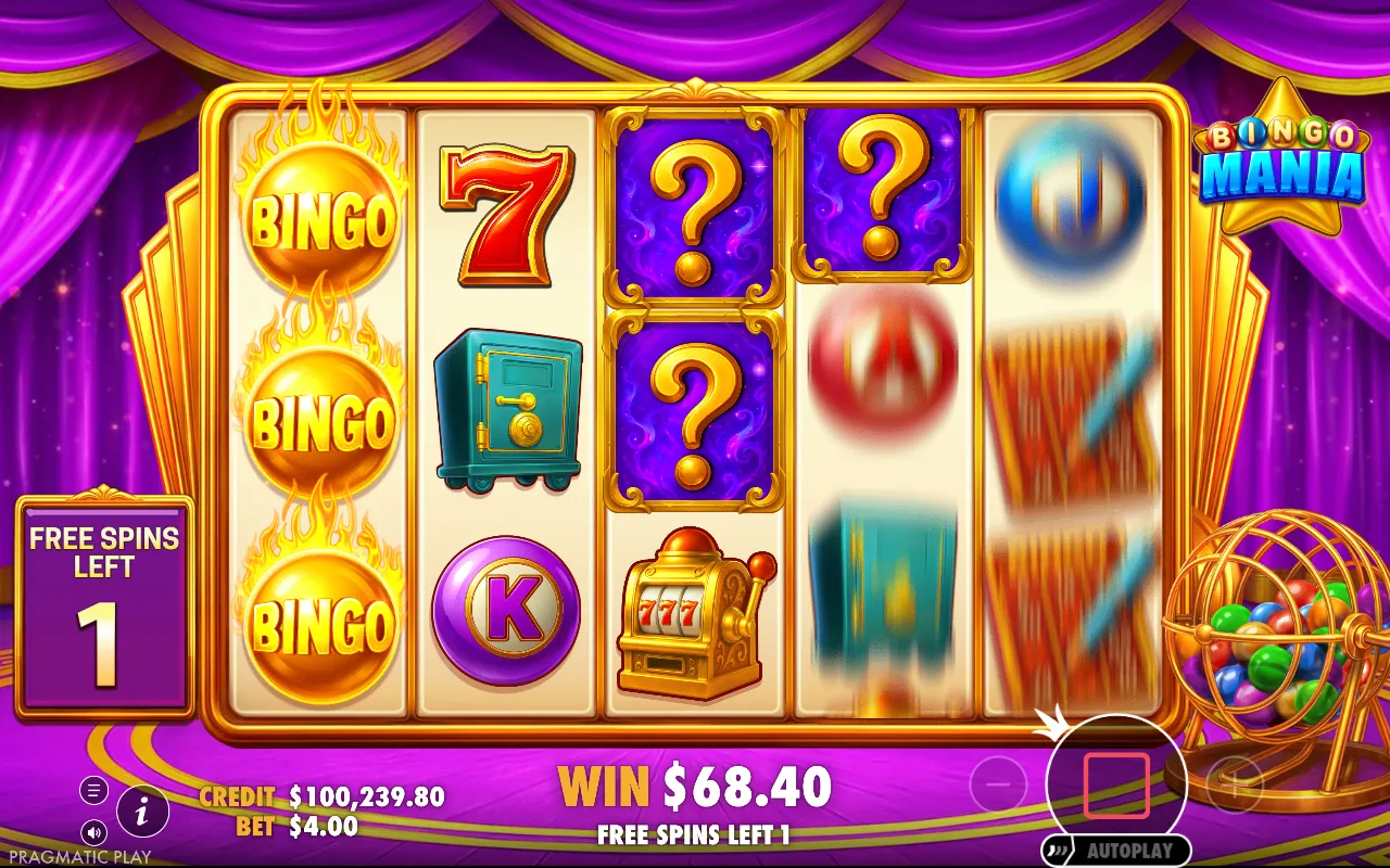 Free spins on the purple reels with stacked bingo balls and mystery symbols on reels three and four
