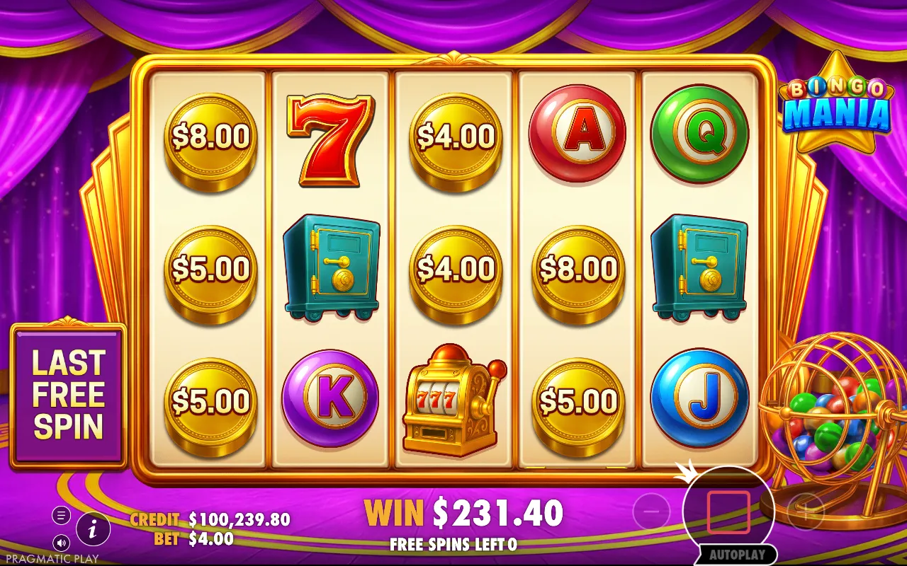 The final free spin landing a screen of gold-coin prizes for a 231.40 win