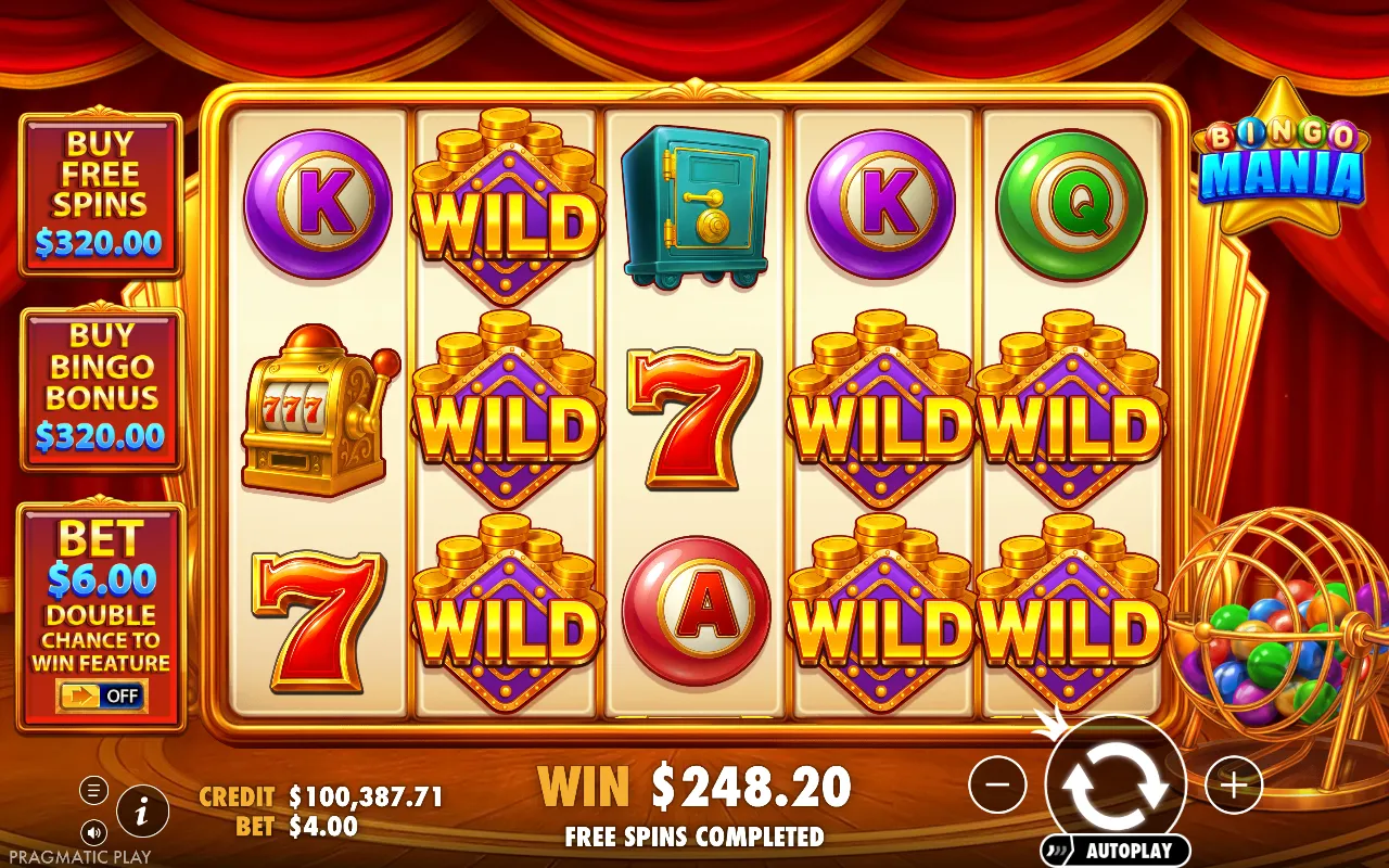 Free spins wrap-up reading WIN 248.20 with stacked wilds across the bottom rows