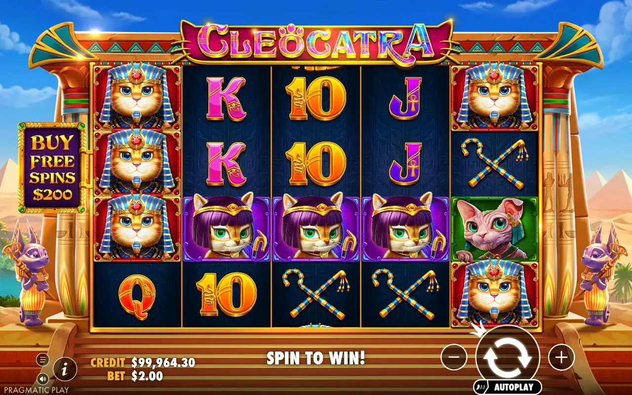 full reel of pharaoh-cat premiums on the leftmost column against a wall of card royals