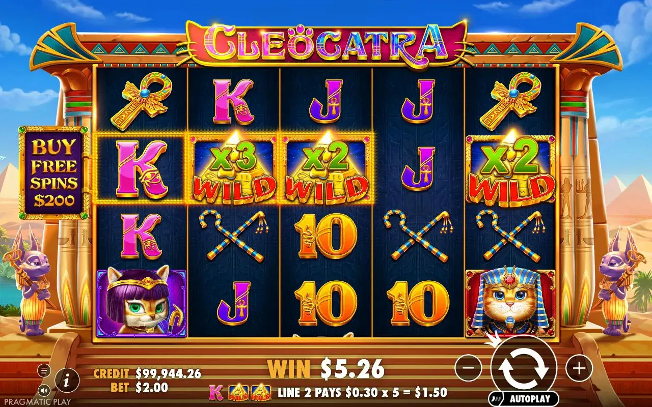 x3 Wild and two x2 Wilds across the middle row, win panel above the stake