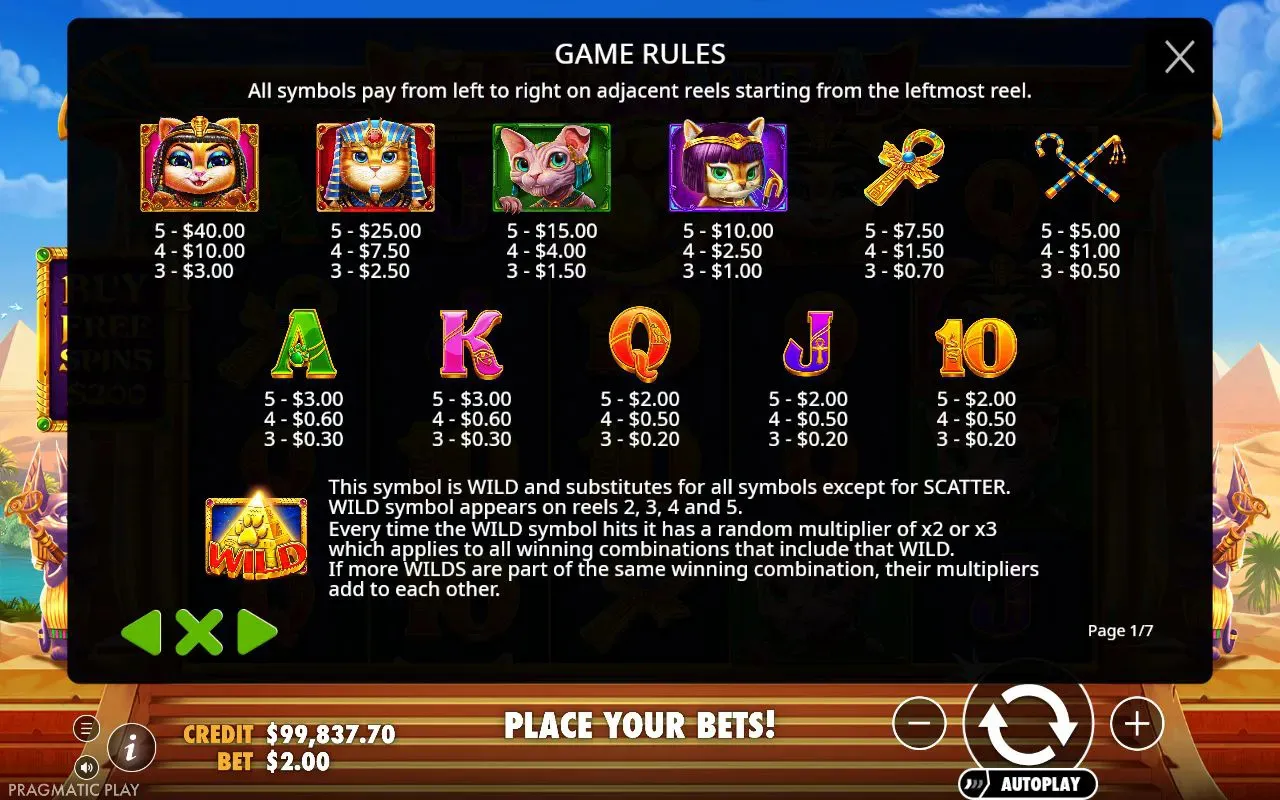 pay table showing Cleopatra-cat above turban, pink and purple cats, then ankhs, staffs and card royals