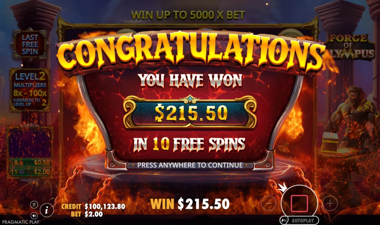 Round total of $215.50 across 10 free spins
