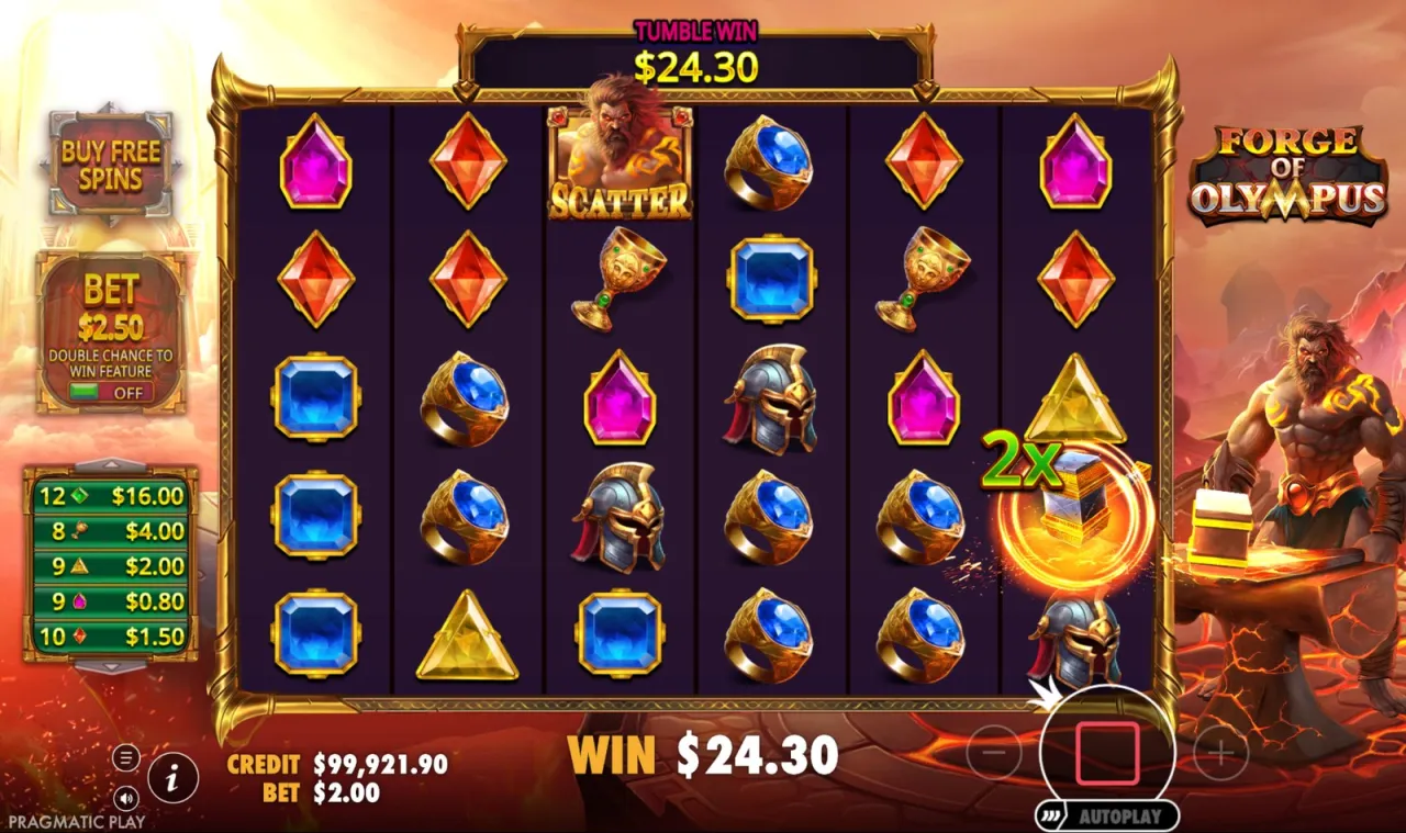 A tumble on $24.30 with a 2x multiplier dropping into the cascade