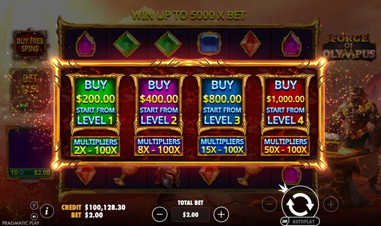 Buy Free Spins menu with four levels from $200 to $1000