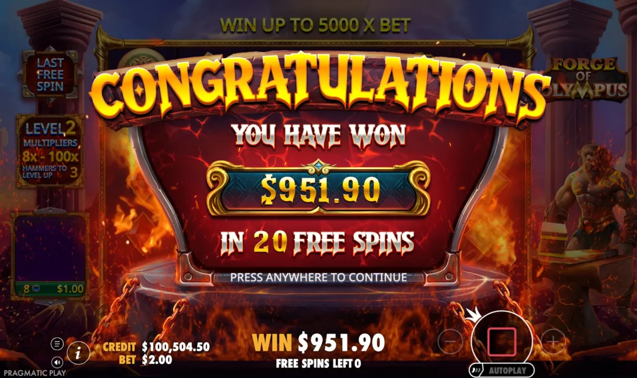Round total of $951.90 across 20 free spins