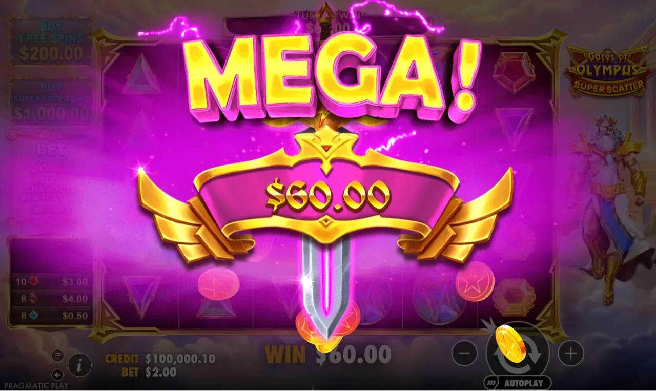 MEGA WIN celebration banner across the 6×5 grid