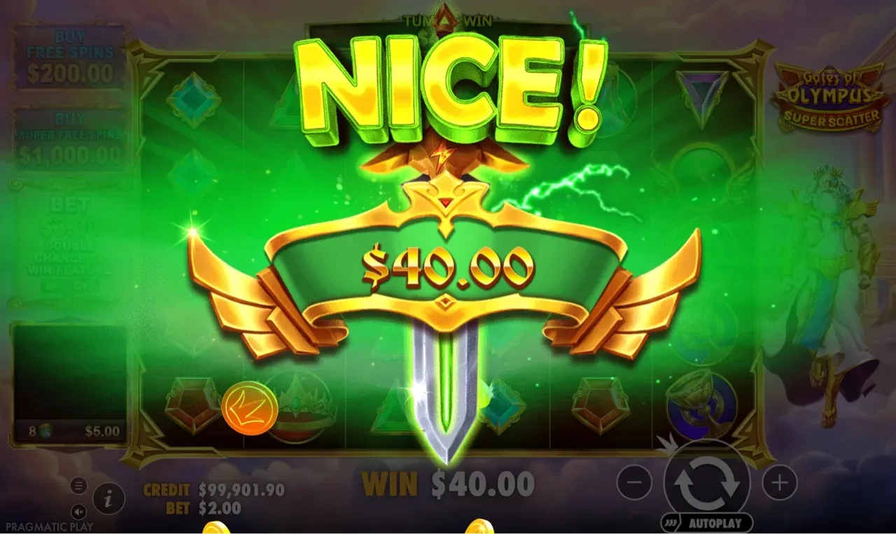 NICE celebration banner with WIN 40.00