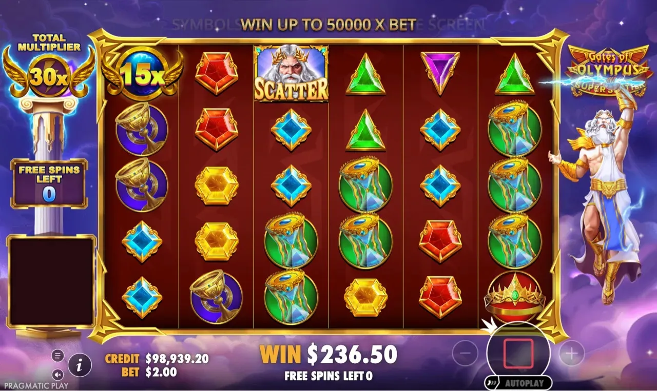 Final free spin with a 15x orb and a scatter, TOTAL MULTIPLIER 30x