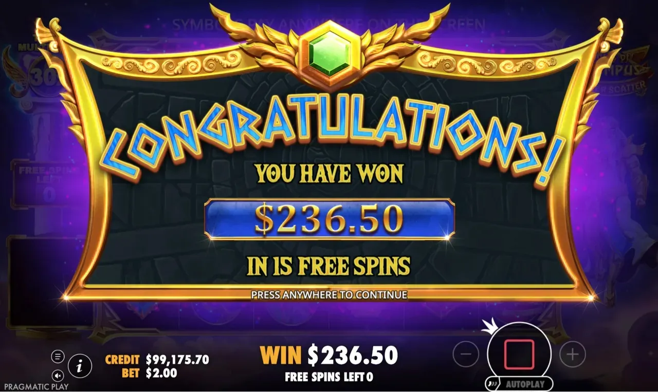 CONGRATULATIONS - YOU HAVE WON 236.50 IN 15 FREE SPINS