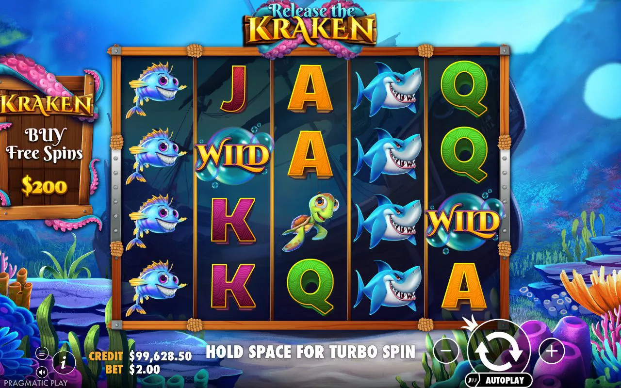 A full column of stacked blue fish beside a bubble wild and a shark