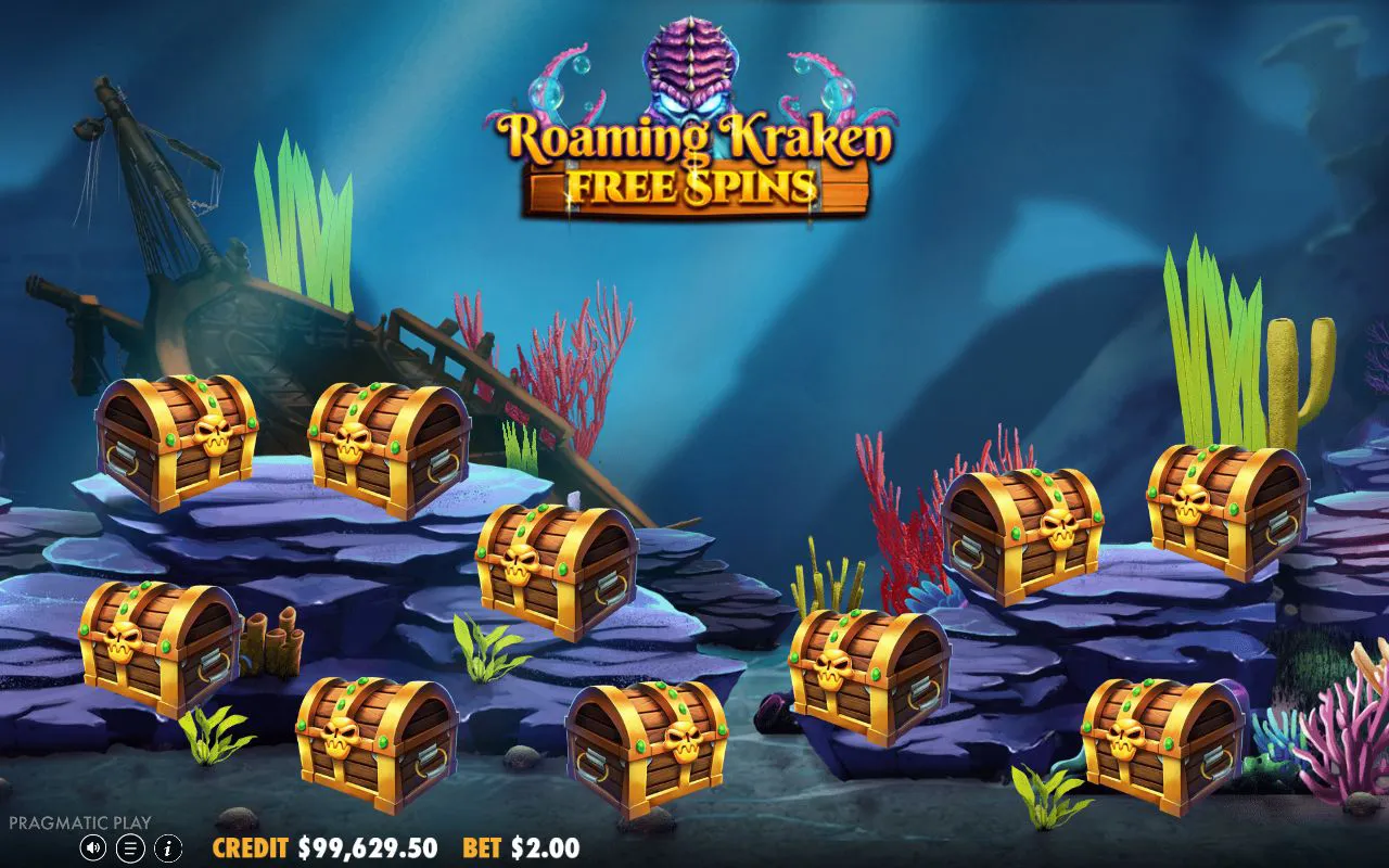 Free-spins entry screen with a row of closed treasure chests to choose from