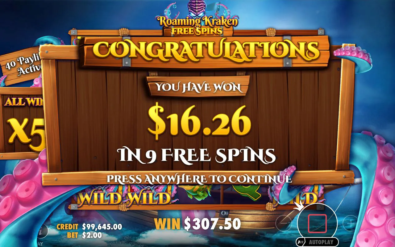 Free-spins completion card showing a 307.50 win total on forty lines
