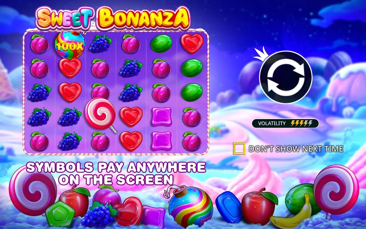 Sweet Bonanza demo loaded on a 6 by 5 grid with fruit and candy symbols