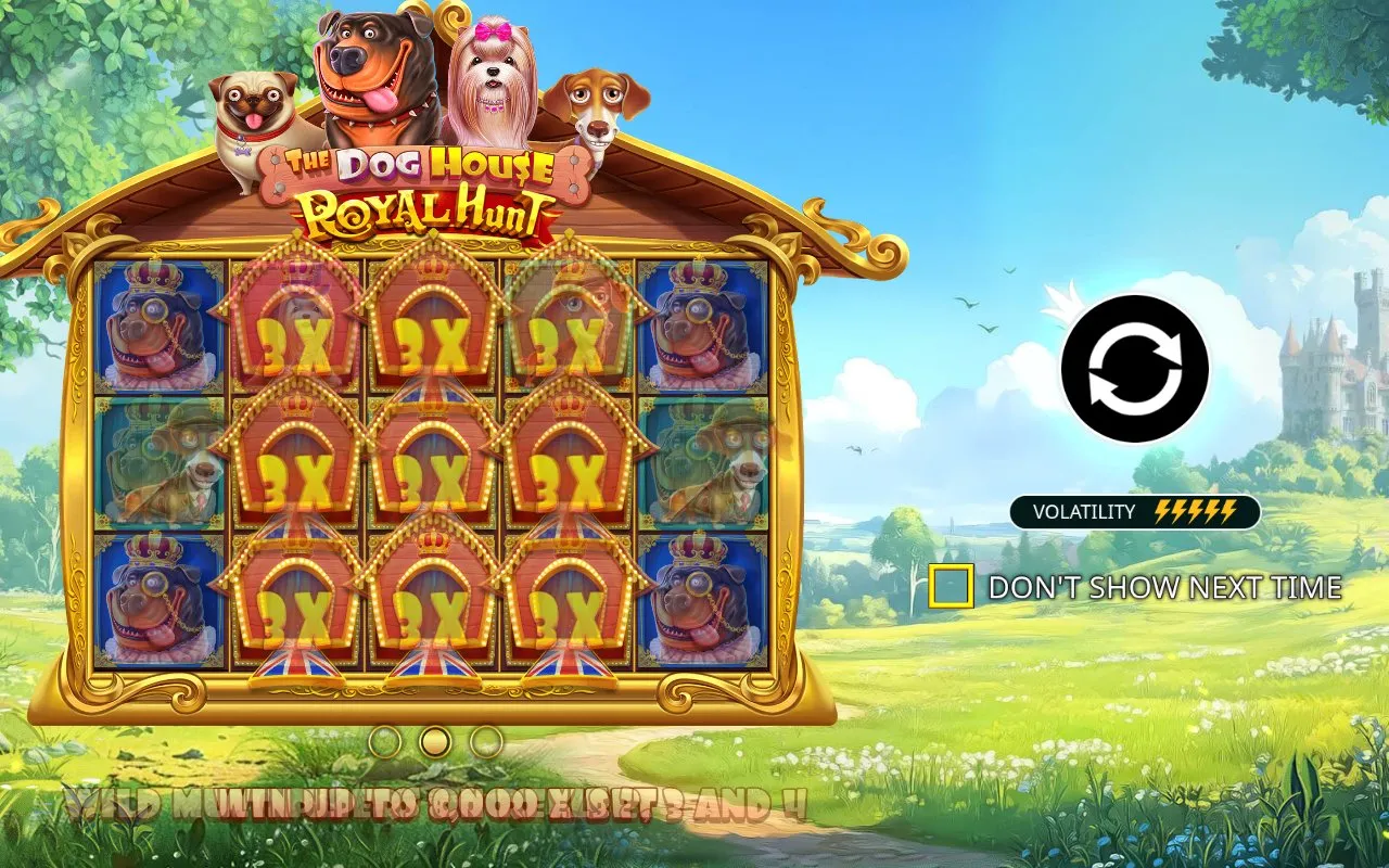 The Dog House Royal Hunt base game on initial load, 5x3 reel grid framed by a countryside-castle backdrop with the default 2.00 stake set in the spin bar and the buy-feature panel stacked on the left rail