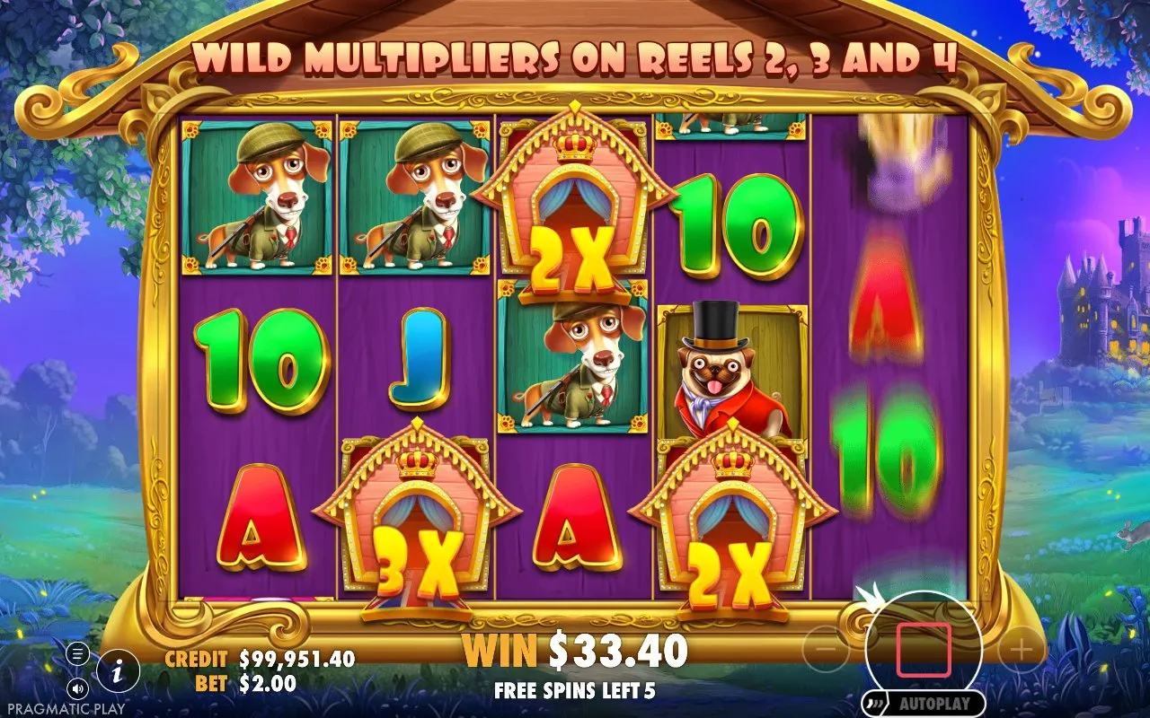Base game grid around spin 32 with a multiplier wild landed on the centre reel and the surrounding card symbols on either side