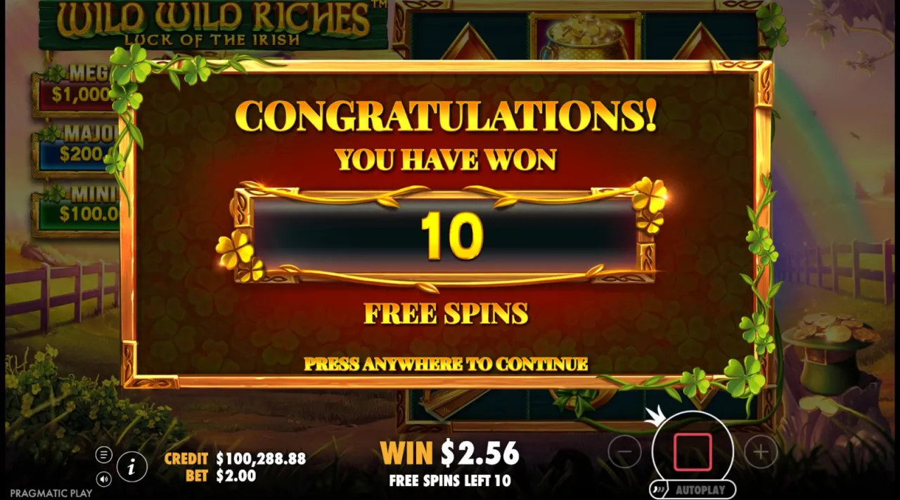 The award screen: ten free spins