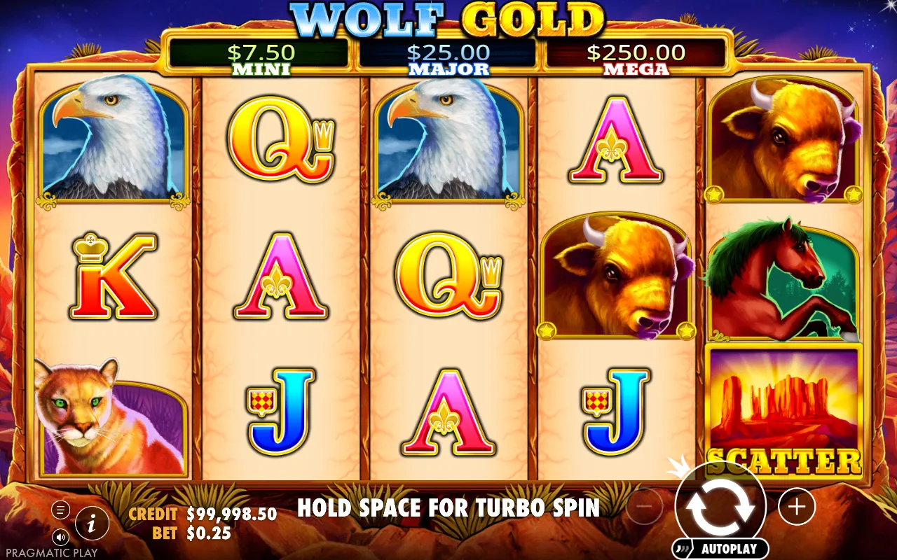 Base-game grid showing eagle, bison and card-royal symbols across five reels