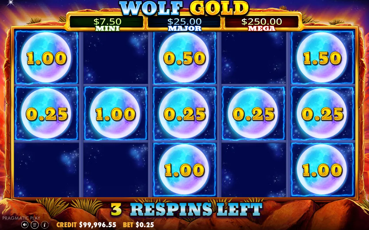 Locked moon-coins showing values from 0.25 to 2.00 with three respins on the counter