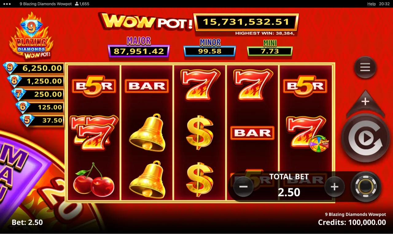Base game grid with four-tier WOWPOT progressive bar visible