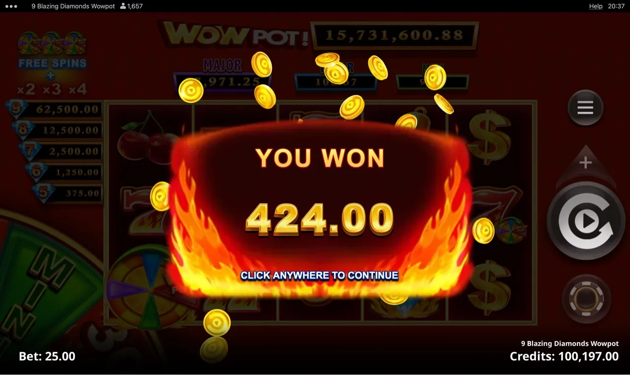 Bonus round 1 total at 424 credits