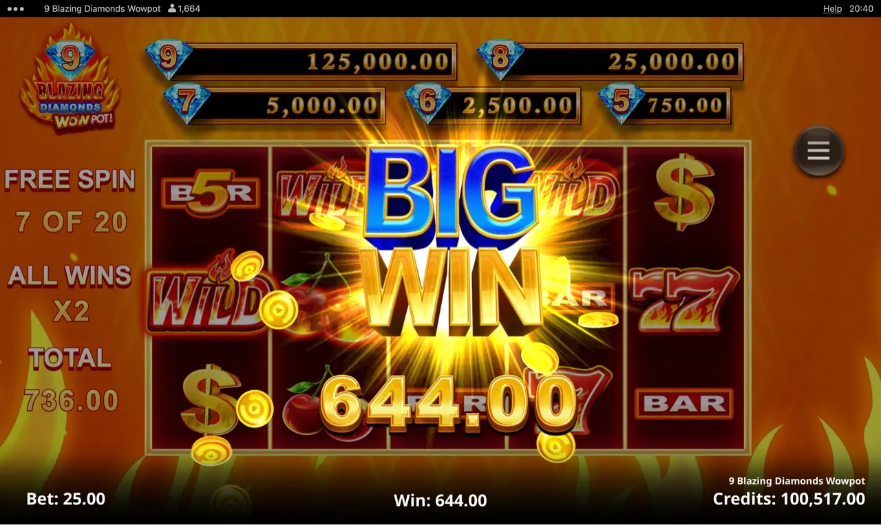 644-credit BIG WIN with WILDs and diamonds during free spins
