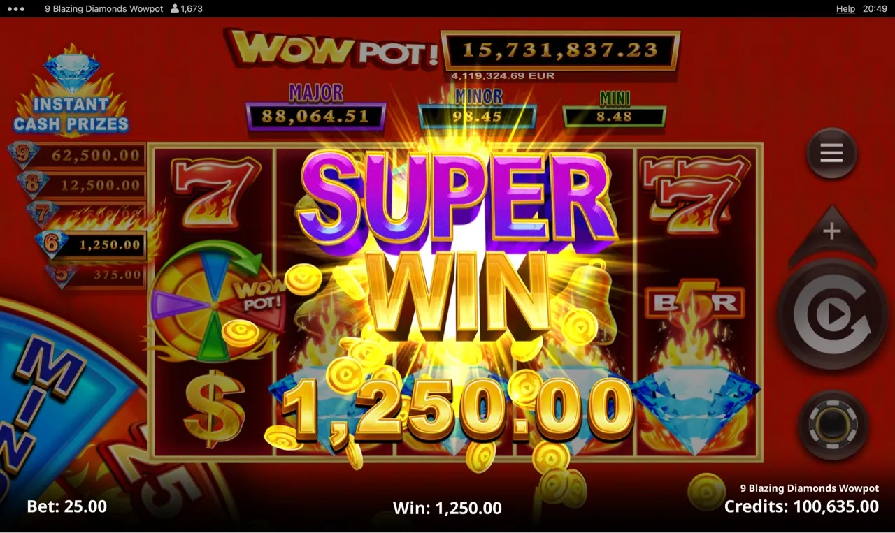 SUPER WIN at 1,250 credits with balance at 100,635