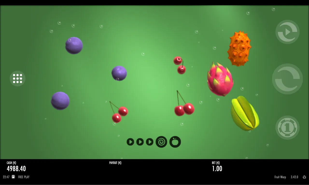 Eight floating fruit symbols on the green Fruit Warp board, bet 1.00