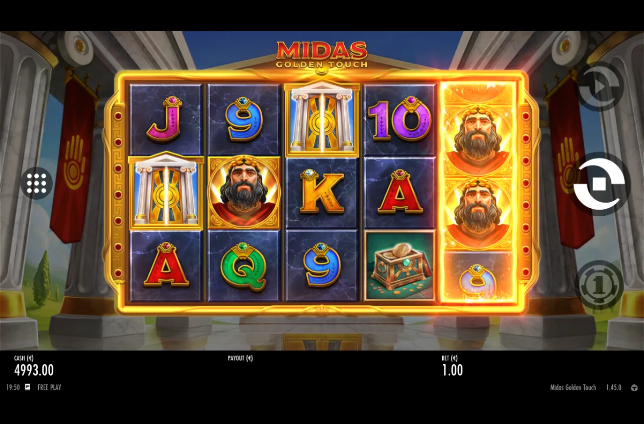 Stacked golden-hand wild on reel two beside a column of Kings on reel five