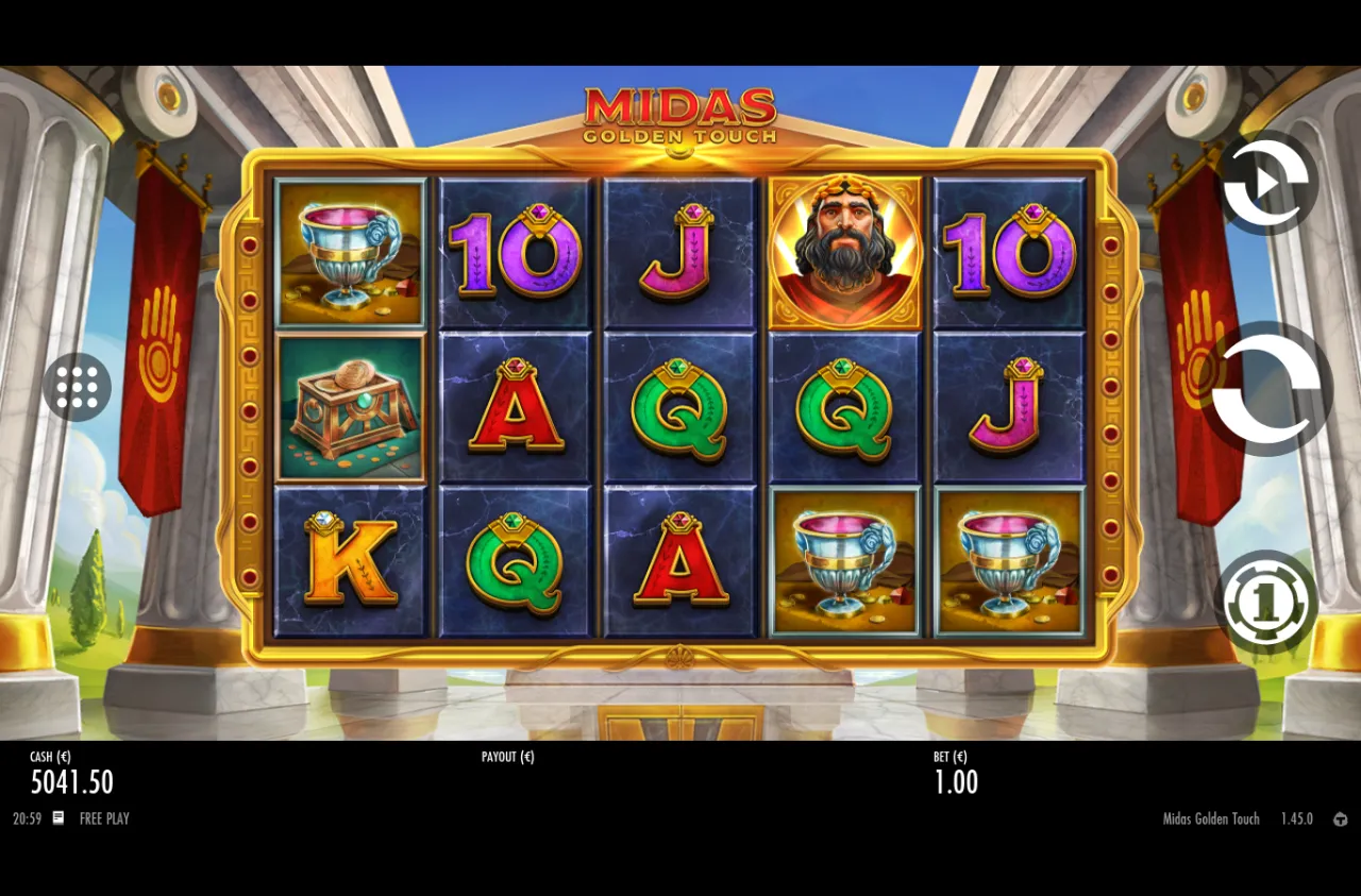 Three golden chalices stacked on reel five with a King anchoring reel four