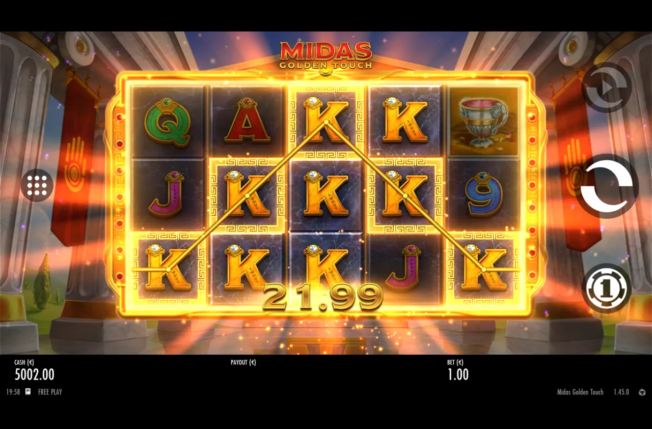 Stacked King symbols connected across all five reels with paylines flaring gold