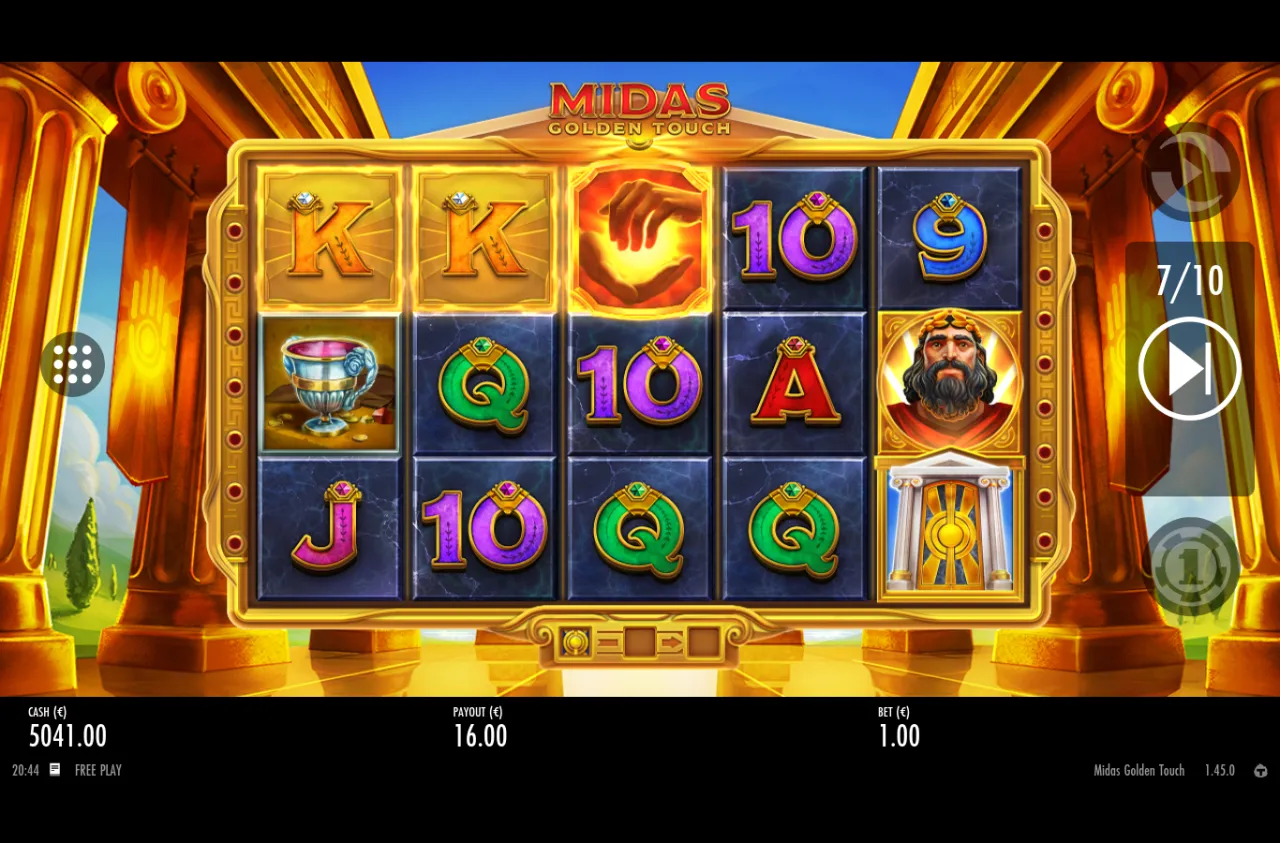 Stacked golden-hand wild covering reel three on a later free spin