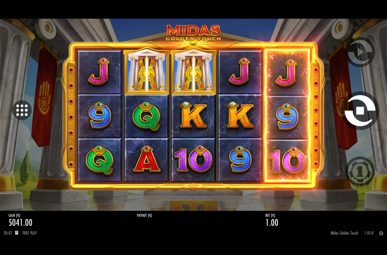 Reels framed in gold as the Golden Spins feature triggers, reel five lit orange