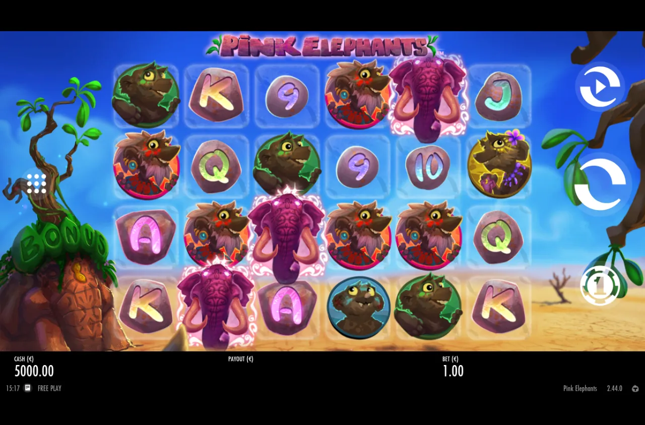 Pink Elephants base grid on a sun-bleached desert backdrop, six reels of animal and card-stone symbols with the green bonus marker on the left rail